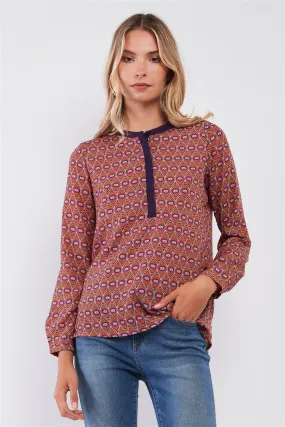 Orange Multi Abstract Print Long Sleeve High Neck Relaxed Fit Tunic Top /1-2-2-1