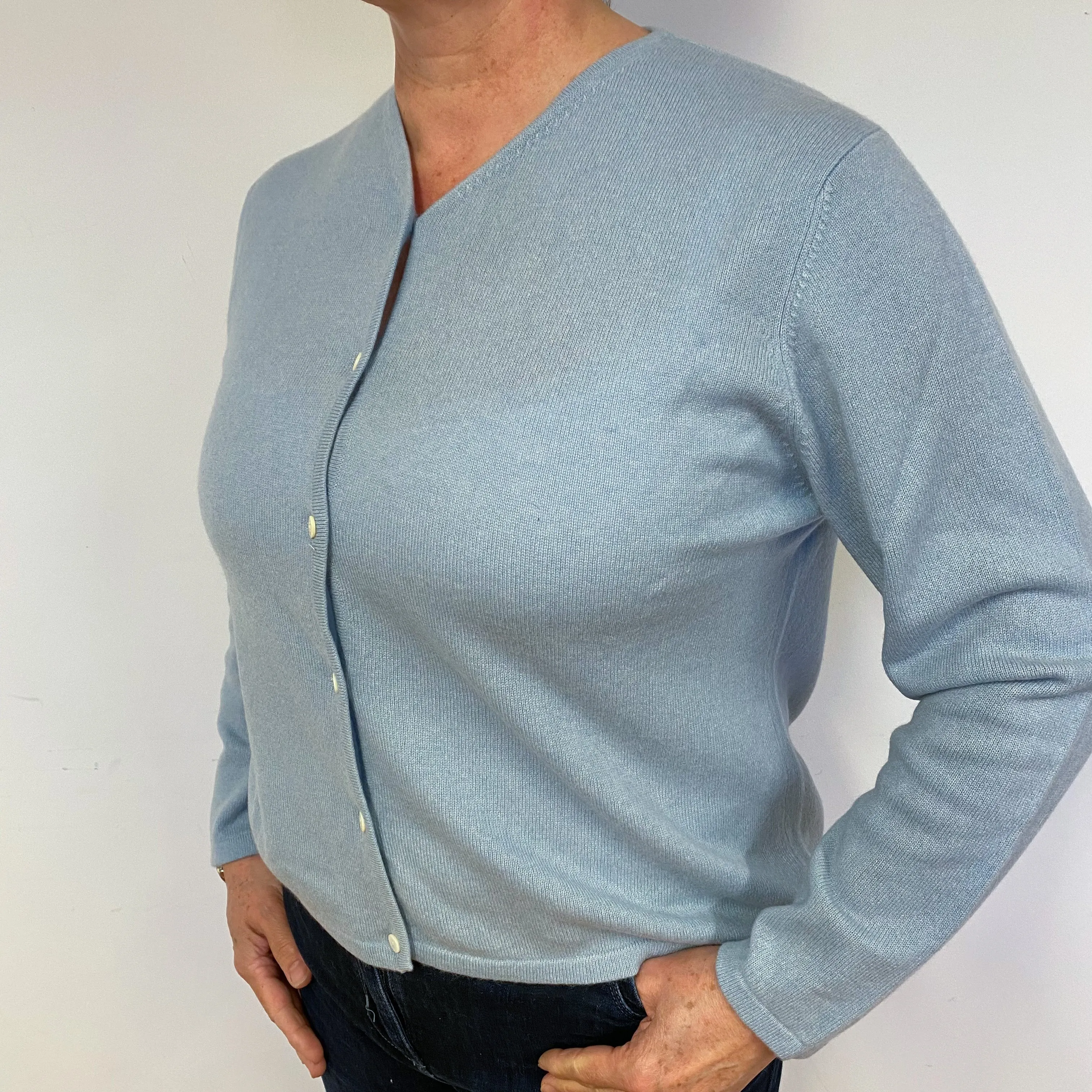 Pale Blue Cashmere V Neck Cardigan Large