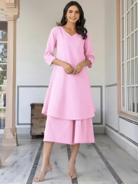 Pink Dobby Pure Cotton Self Design A-line Kurta With Culotte Pant Set