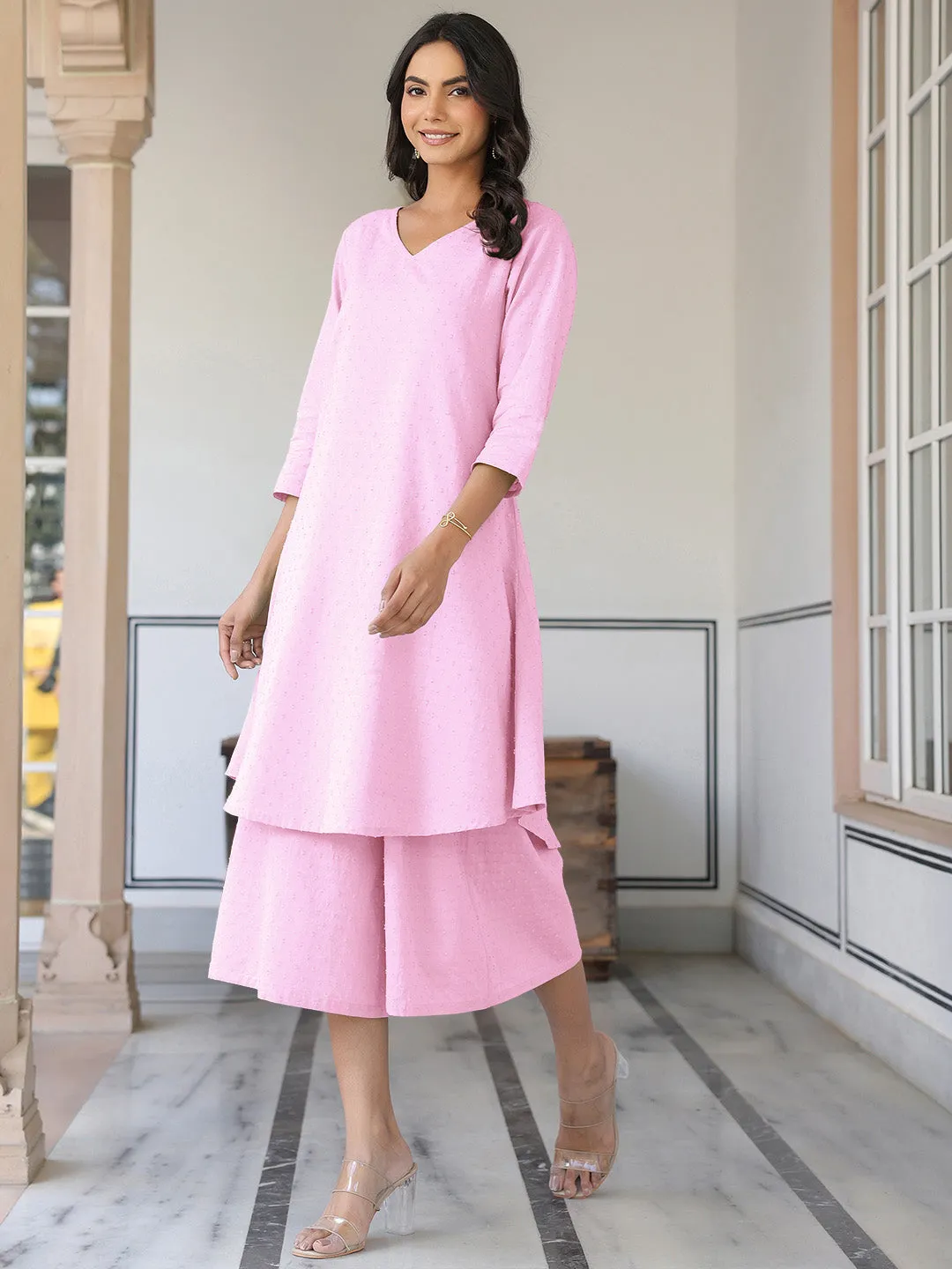 Pink Dobby Pure Cotton Self Design A-line Kurta With Culotte Pant Set