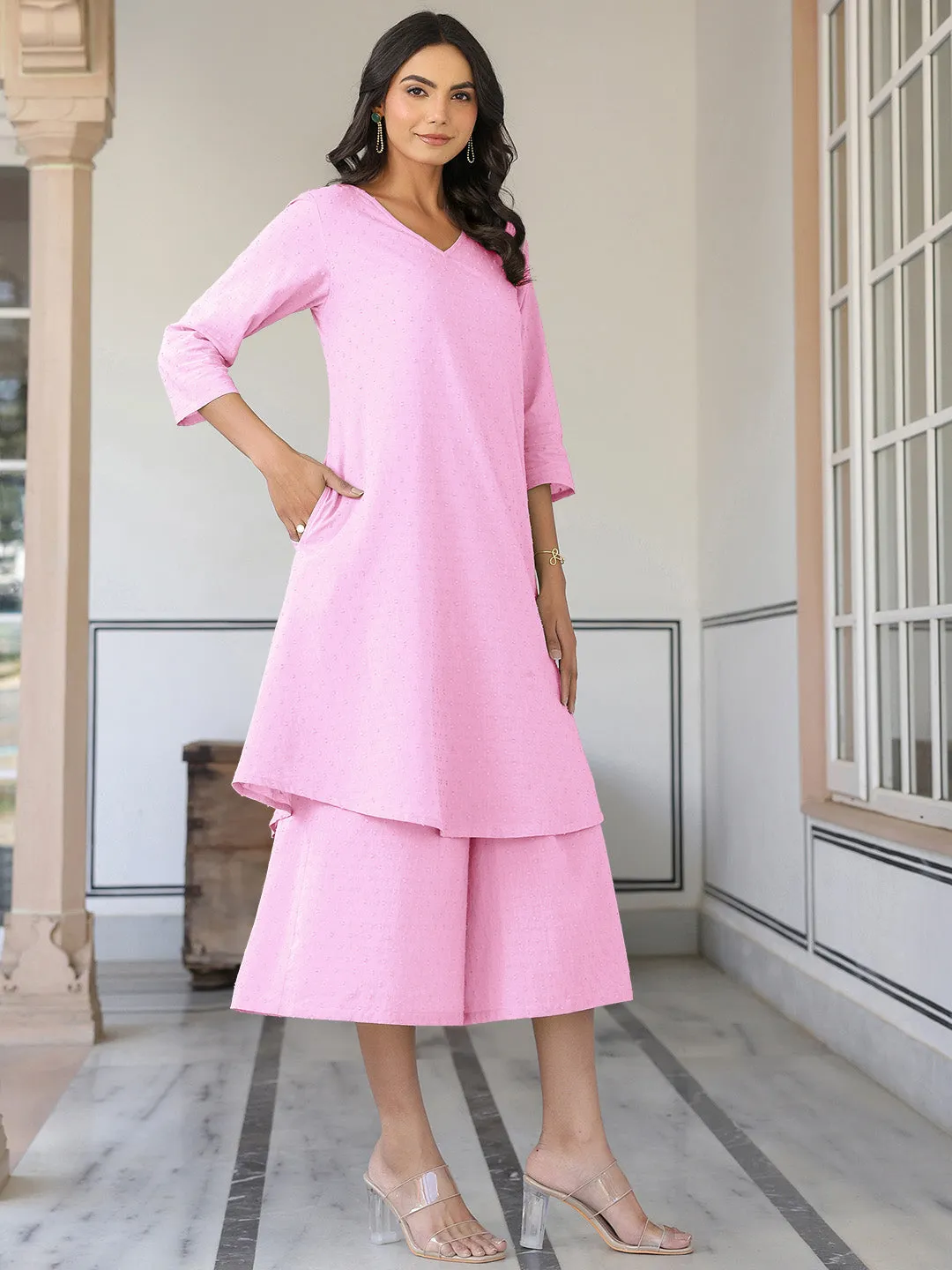Pink Dobby Pure Cotton Self Design A-line Kurta With Culotte Pant Set