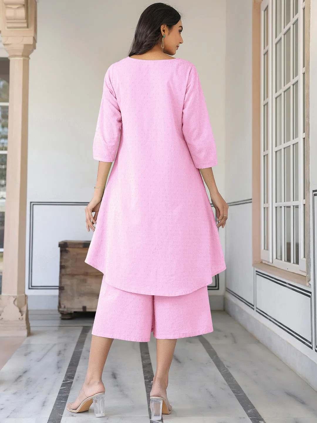 Pink Dobby Pure Cotton Self Design A-line Kurta With Culotte Pant Set