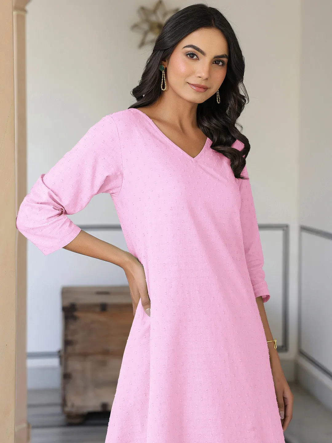 Pink Dobby Pure Cotton Self Design A-line Kurta With Culotte Pant Set