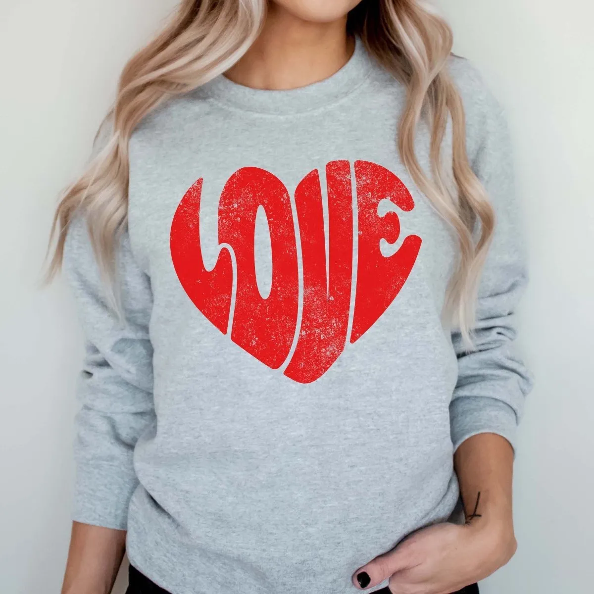 Red LOVE Distressed Heart Crew Wholesale Sweatshirt