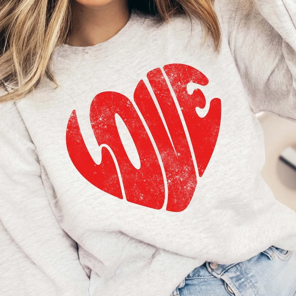 Red LOVE Distressed Heart Crew Wholesale Sweatshirt