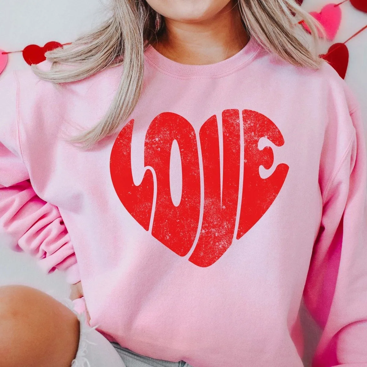 Red LOVE Distressed Heart Crew Wholesale Sweatshirt