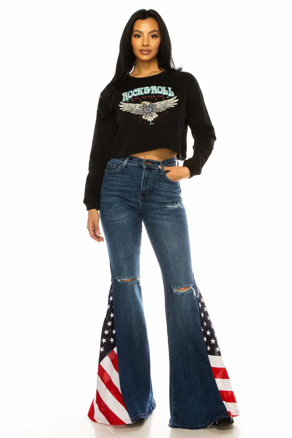 ROCK & ROLL WILL NEVER DIE EAGLE CROP SWEATSHIRT