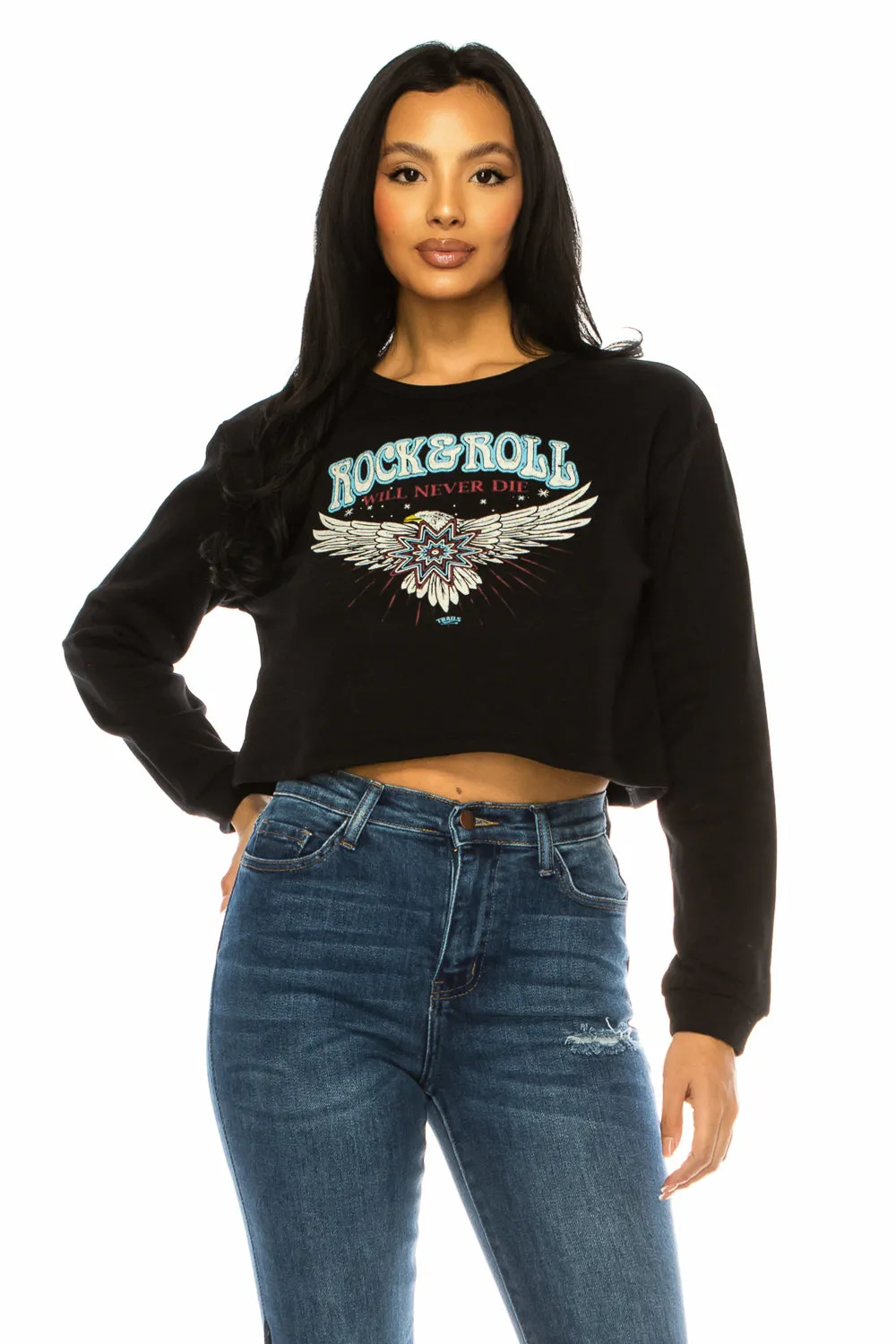 ROCK & ROLL WILL NEVER DIE EAGLE CROP SWEATSHIRT