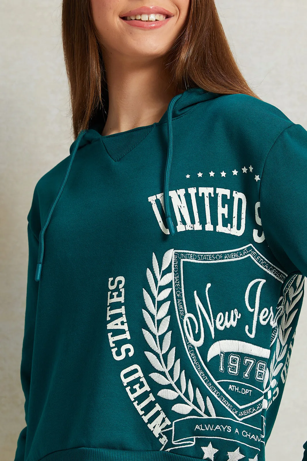 Senior Girls Green Hooded Printed Sweatshirt