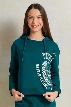 Senior Girls Green Hooded Printed Sweatshirt
