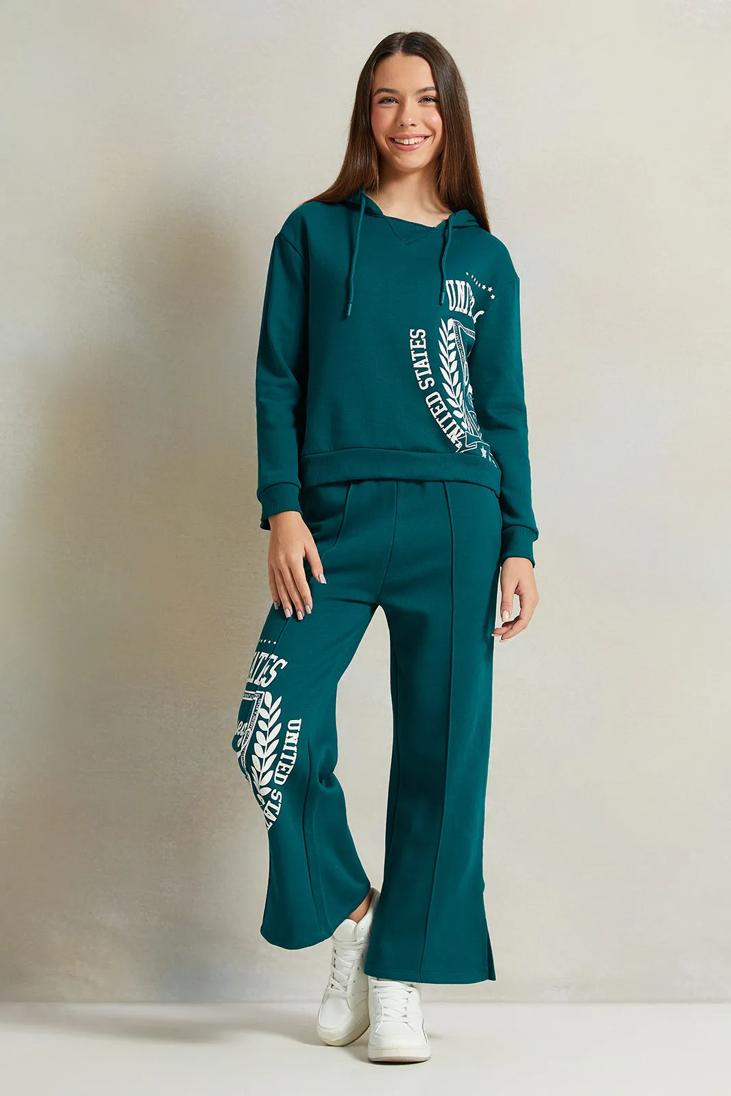 Senior Girls Green Hooded Printed Sweatshirt