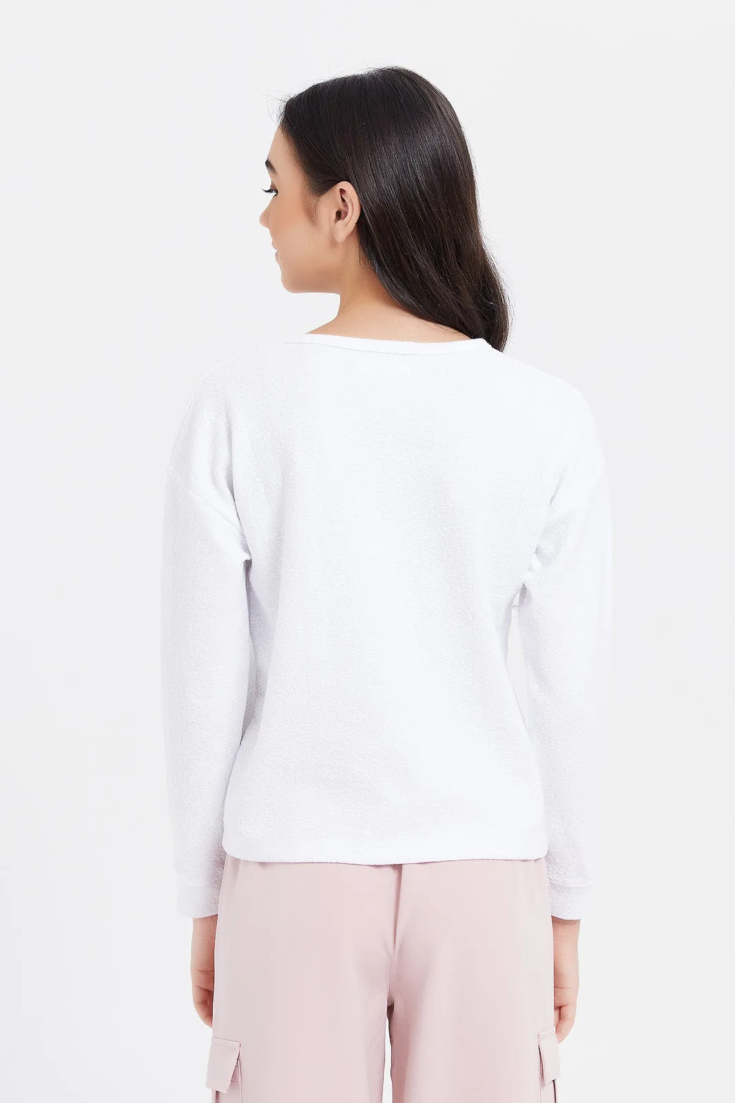 Senior Girls White Drop Shoulder Jacquard With Applique