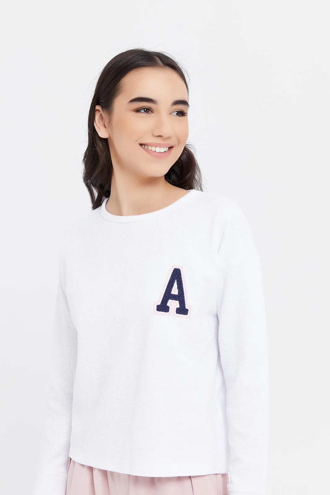 Senior Girls White Drop Shoulder Jacquard With Applique