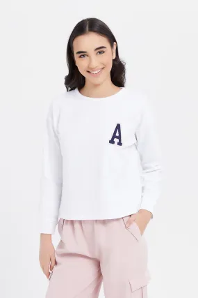 Senior Girls White Drop Shoulder Jacquard With Applique