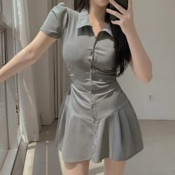 Short-Sleeve Collared Plain Mini Shirt Dress