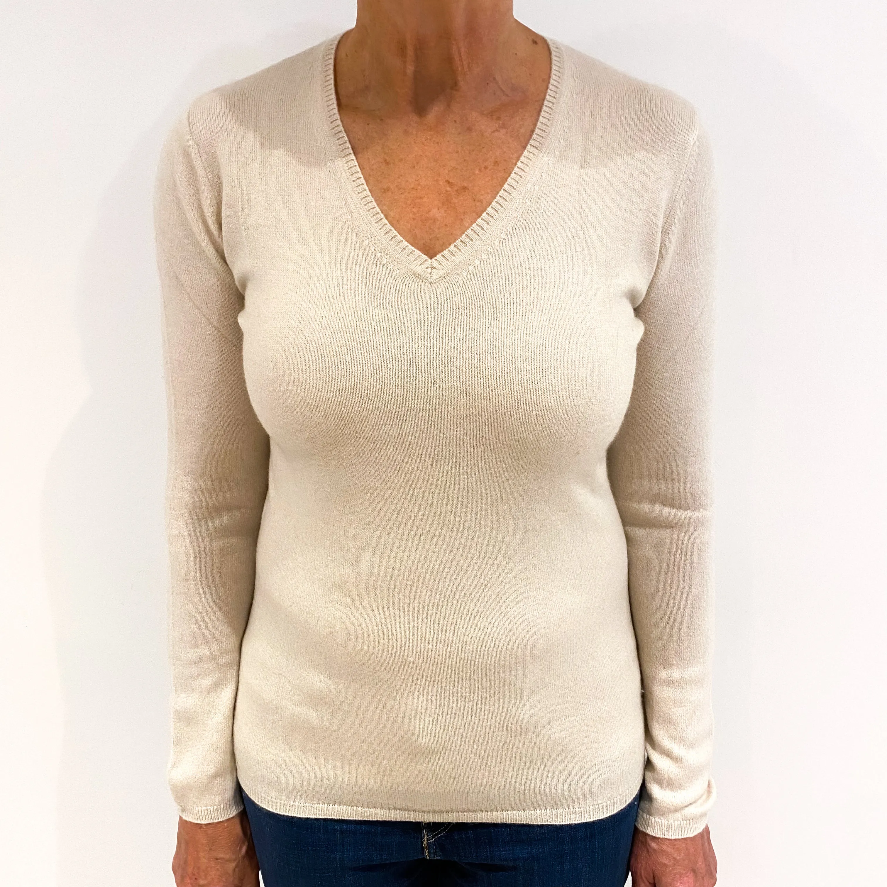 Soft Beige Cashmere V-Neck Jumper Medium