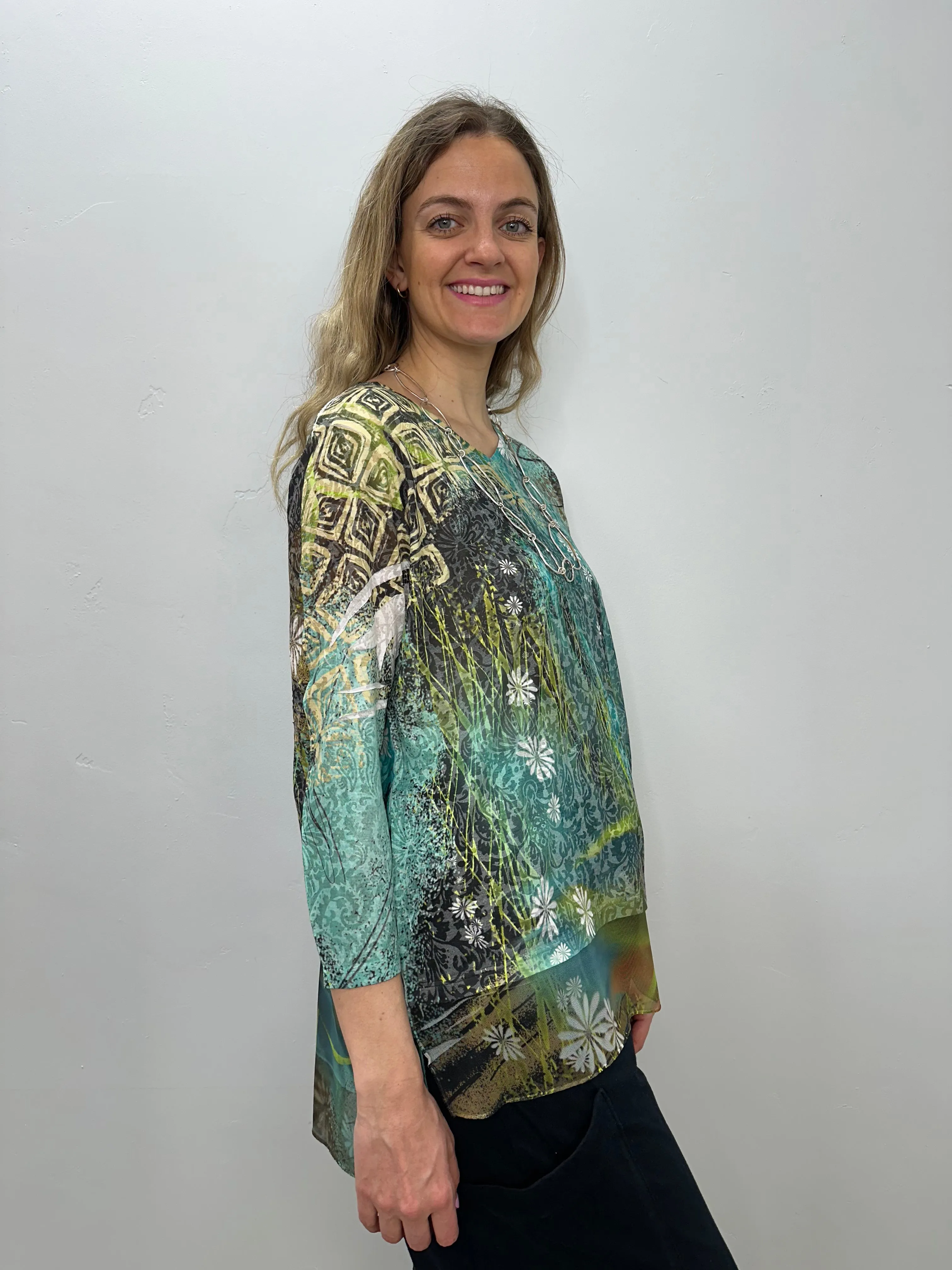 Teal 3/4 Sleeve Burnout Tunic with Mesh layers
