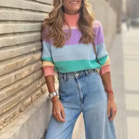 Turtleneck Knitted Sweater  Contrast Striped Loose Pullover
