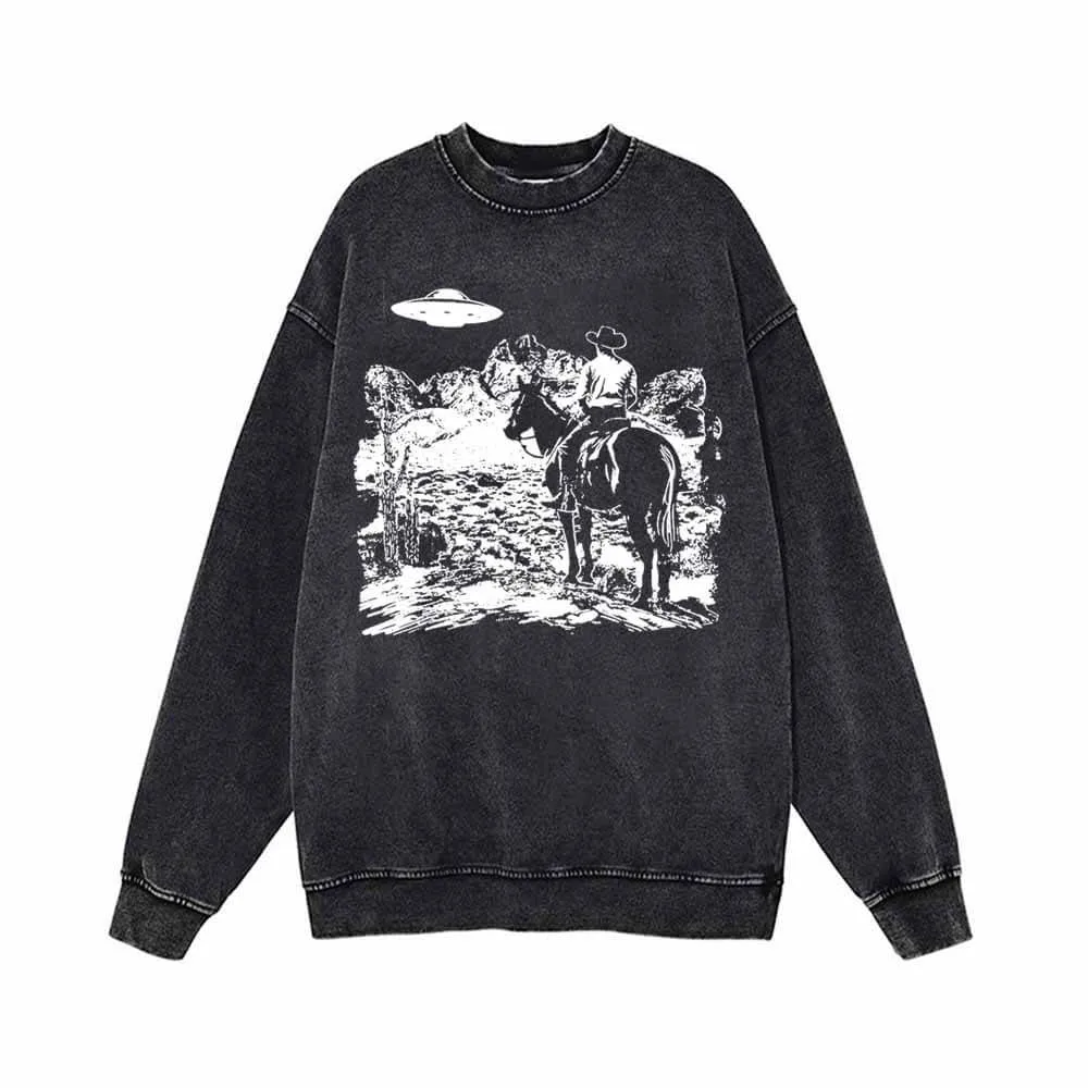 UFO And Western Cowboy Print Vintage Washed Sweatshirt