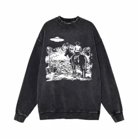 UFO And Western Cowboy Print Vintage Washed Sweatshirt