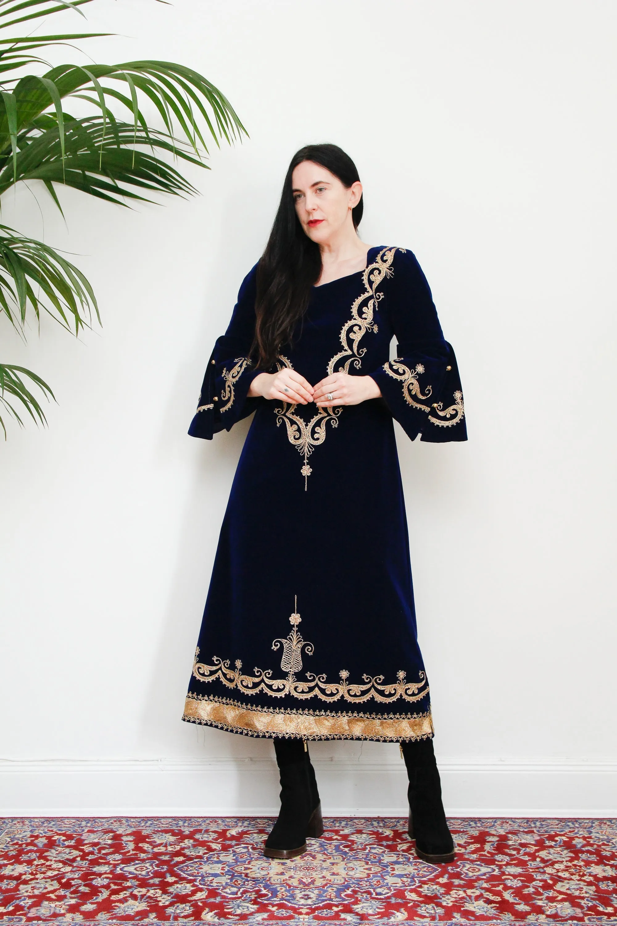 Vintage Navy Blue Velvet Gold Dress