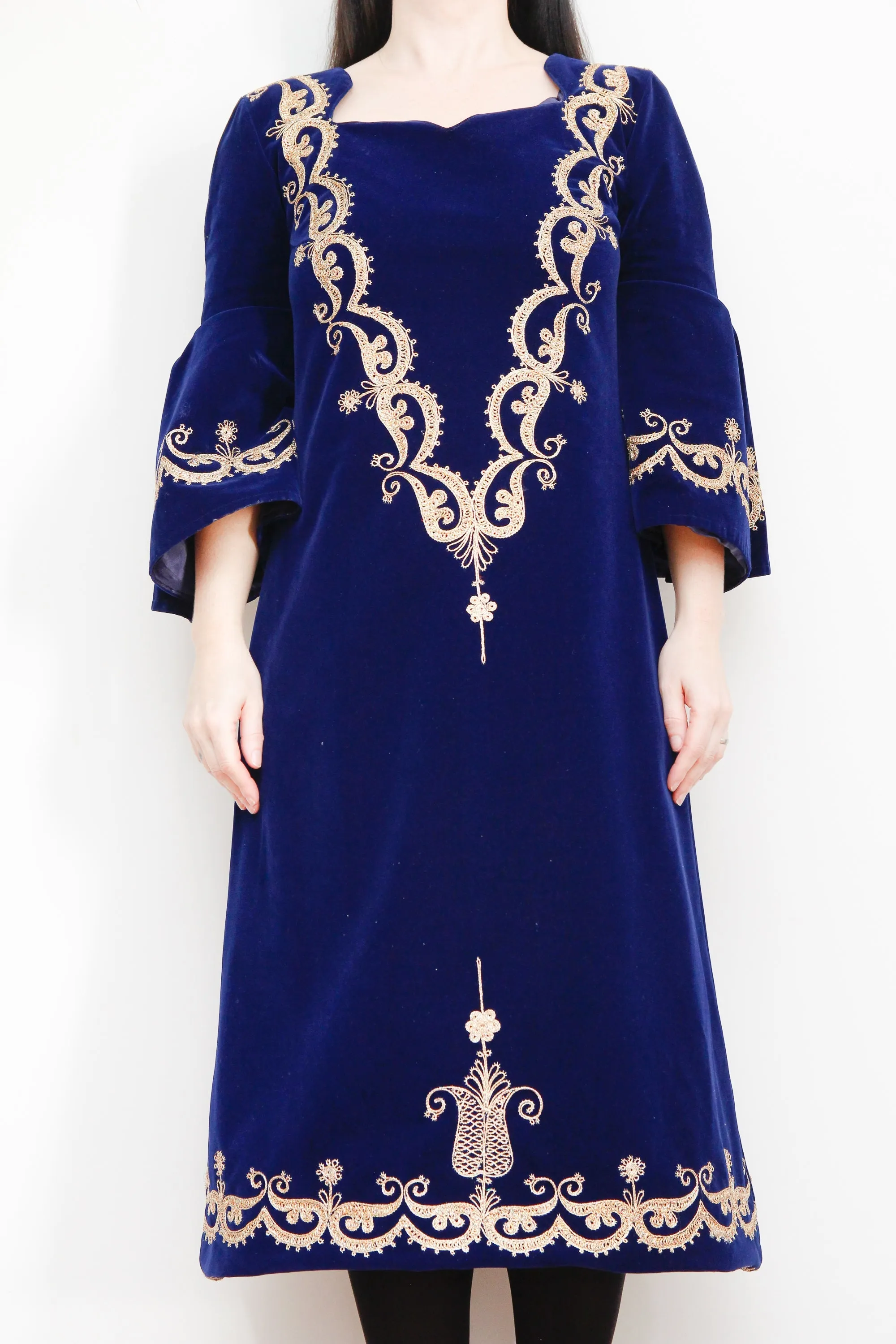 Vintage Navy Blue Velvet Gold Dress
