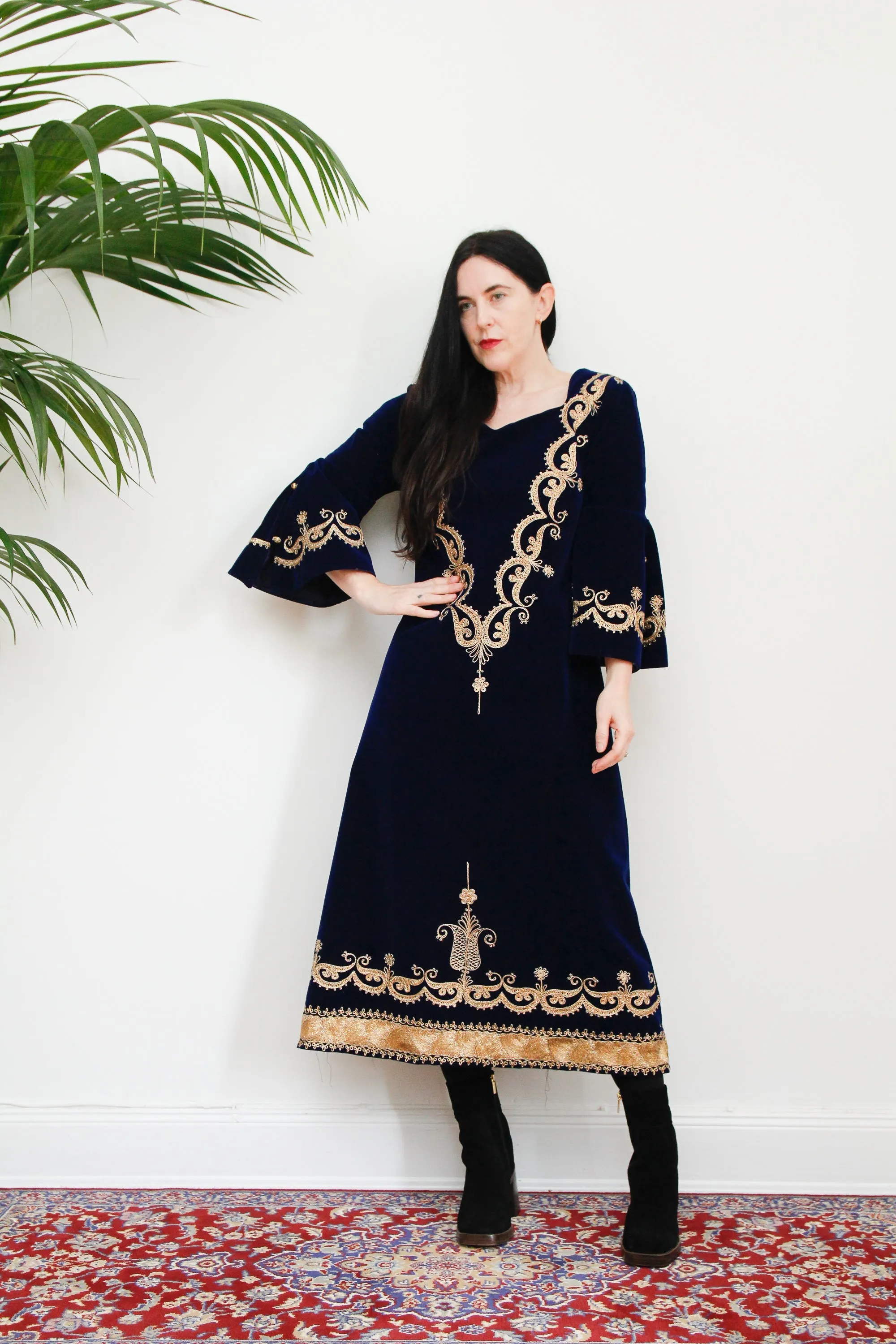 Vintage Navy Blue Velvet Gold Dress