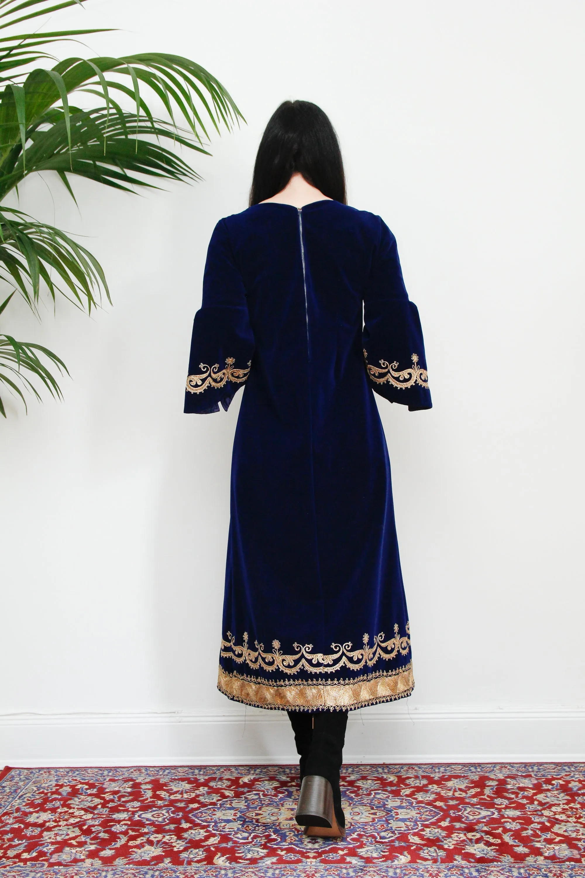 Vintage Navy Blue Velvet Gold Dress