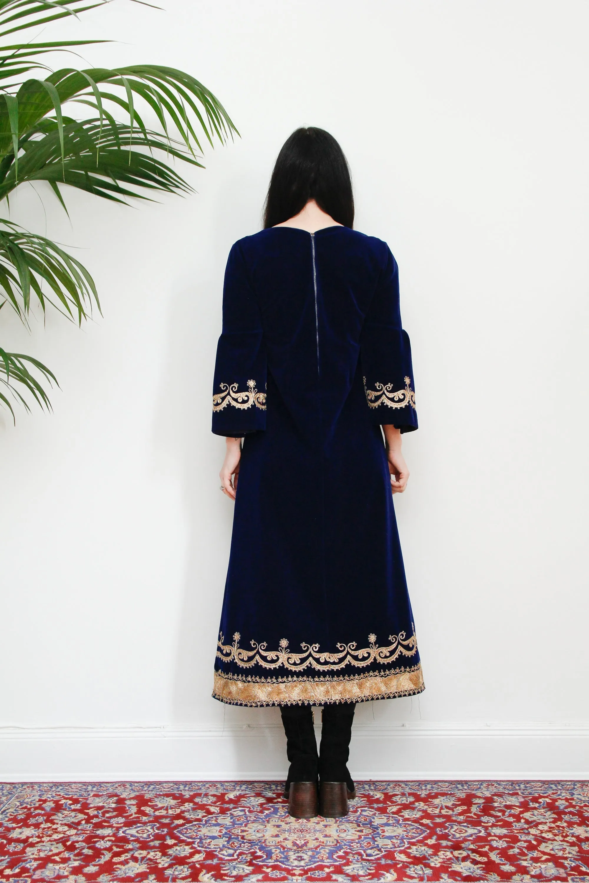 Vintage Navy Blue Velvet Gold Dress