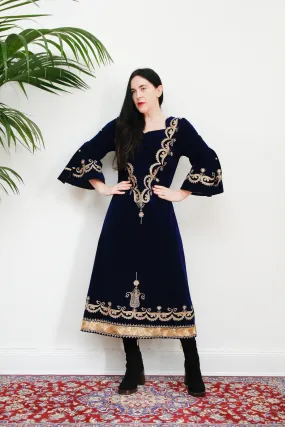 Vintage Navy Blue Velvet Gold Dress