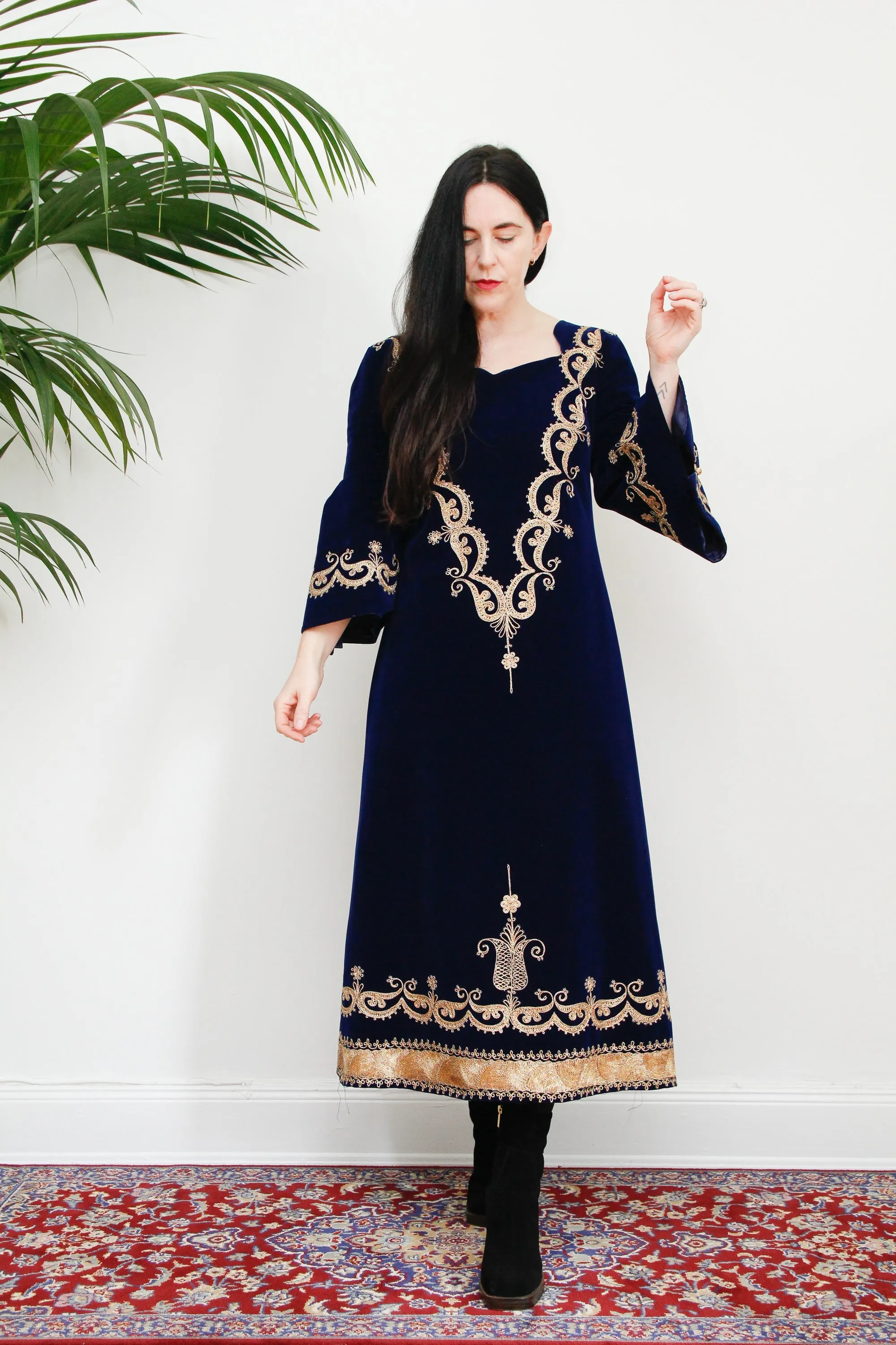Vintage Navy Blue Velvet Gold Dress