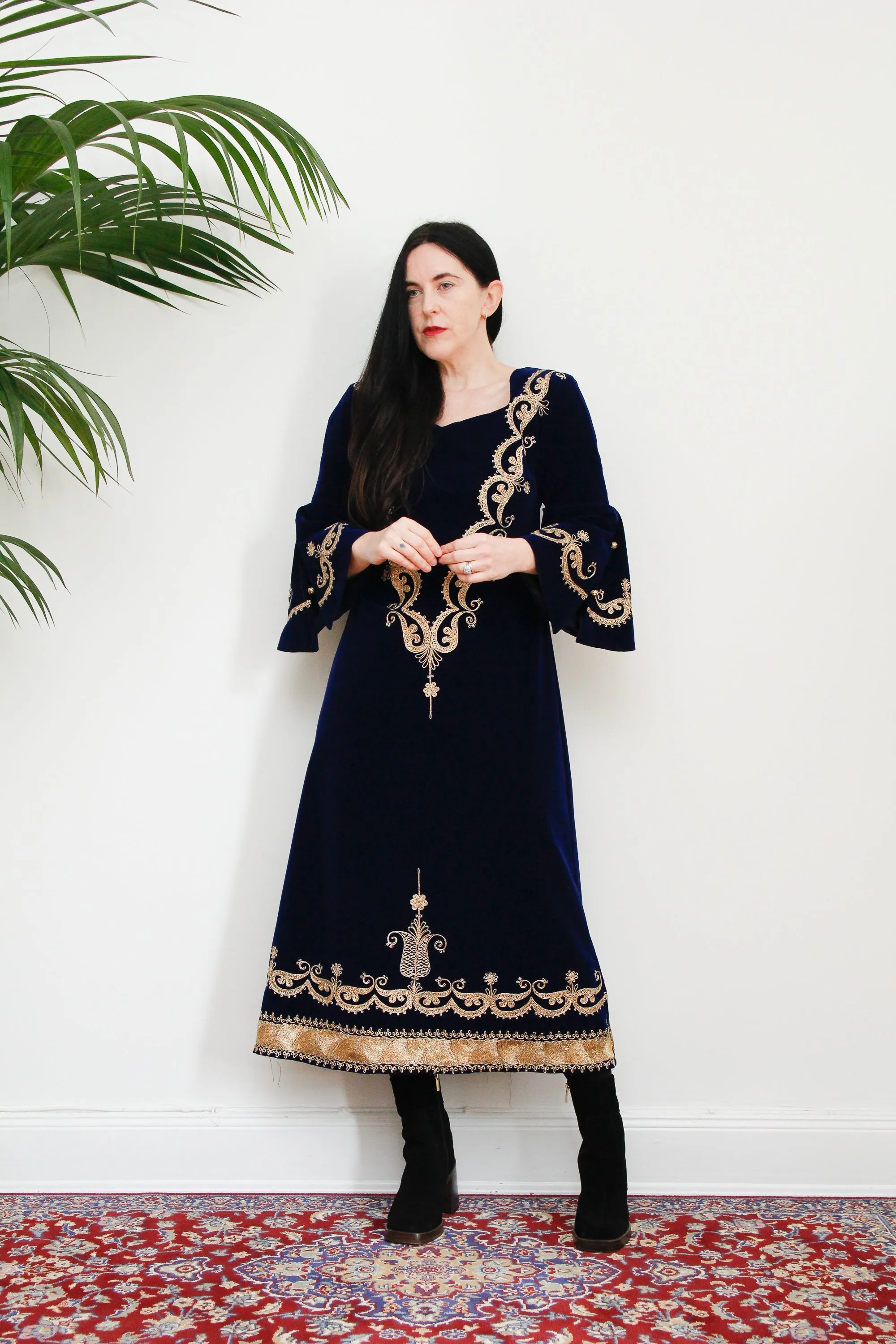 Vintage Navy Blue Velvet Gold Dress