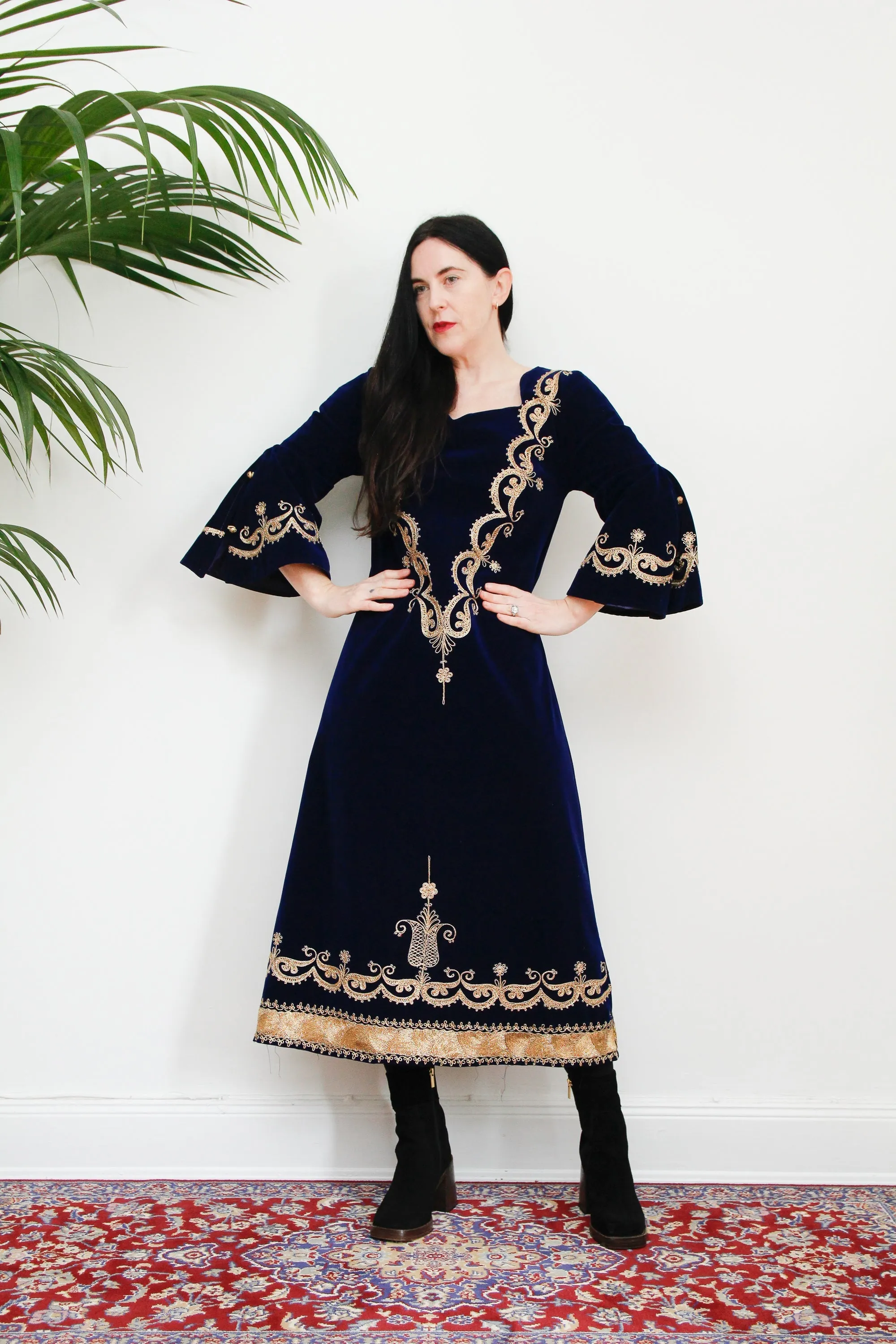 Vintage Navy Blue Velvet Gold Dress