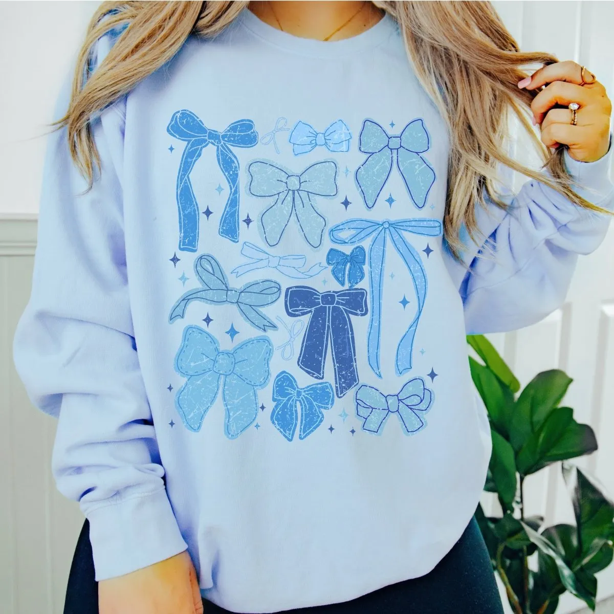 Winter Blue Bow Collage Wholesale Graphic Sweatshirt - Fast Shipping