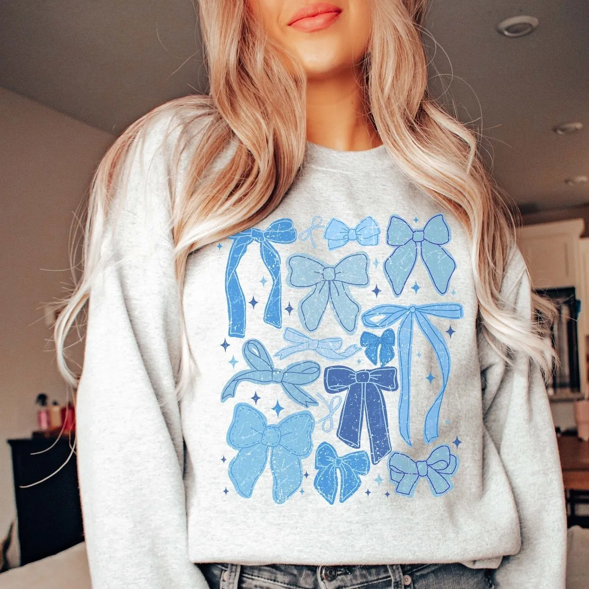 Winter Blue Bow Collage Wholesale Graphic Sweatshirt - Fast Shipping