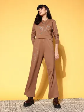 Women Brown Line Art Crop Terry Sweatshirt With Pants
