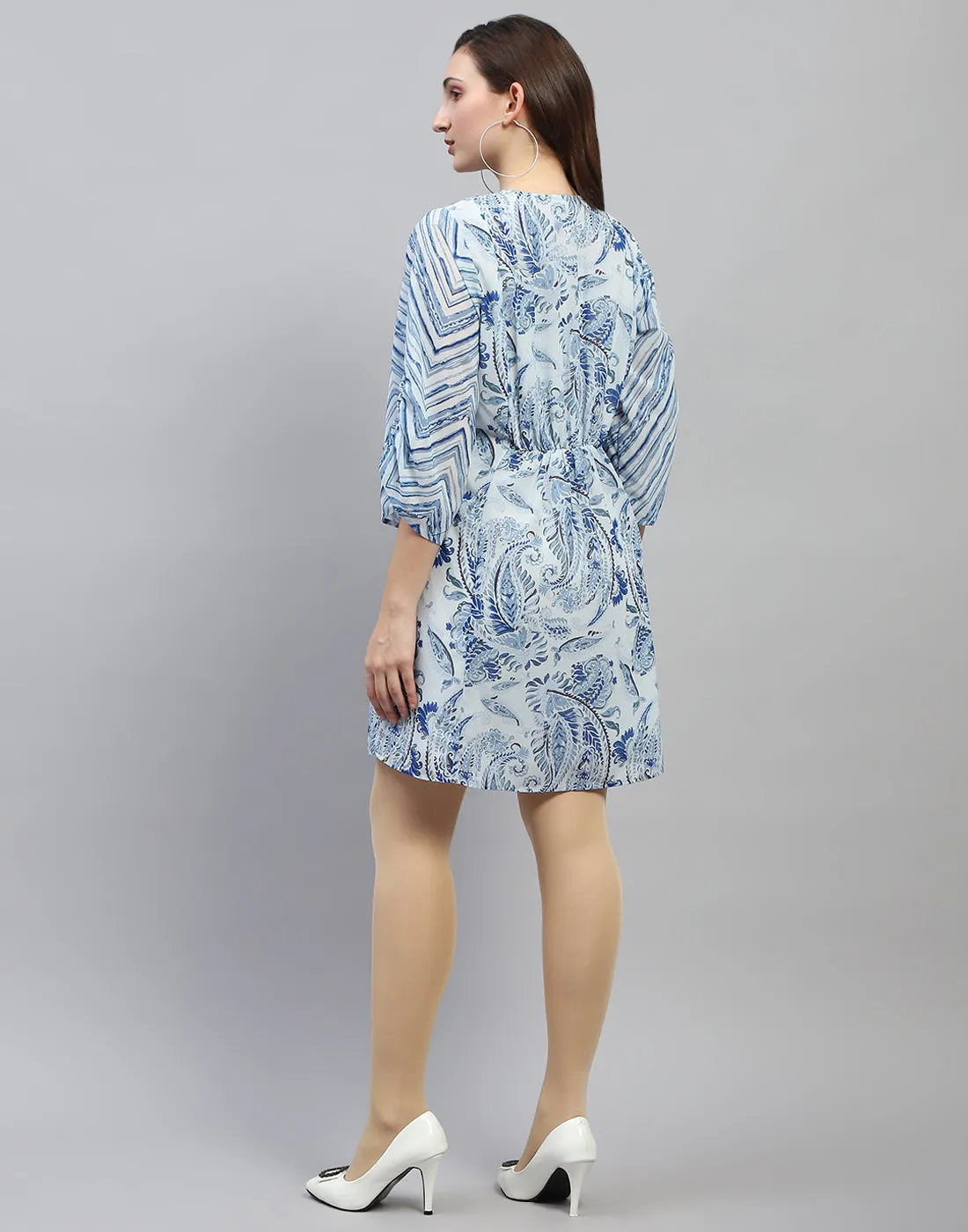 Women Sky Blue Printed V Neck 3/4 Sleeve Dress