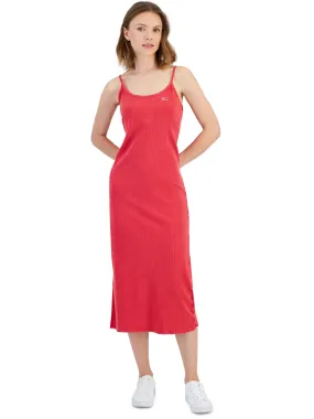 Women's Brand Logo Embroidered Ribbed Dress,Red